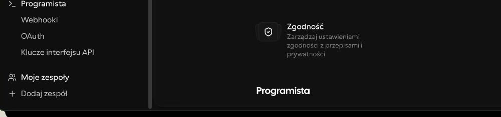 Menu ustawień Cal.com, sekcja Programista z pozycjami Webhooki, OAuth i Klucze interfejsu API