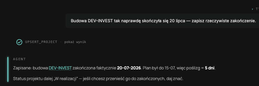 Zapisanie rzeczywistego zakończenia budowy jednym zdaniem: poślizg 5 dni policzony od planu