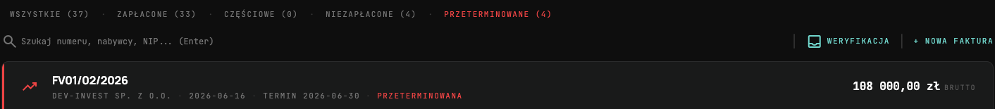 Filtry statusów płatności i przeterminowana faktura przychodowa z terminem