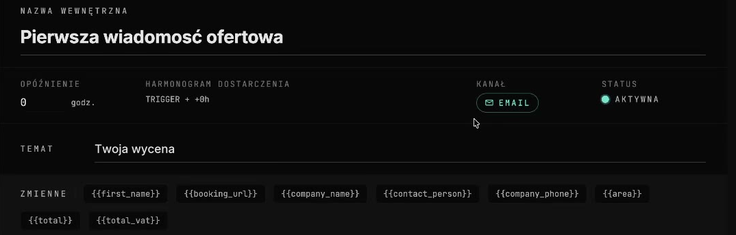 Edycja wiadomości w sekwencji: opóźnienie w godzinach, harmonogram dostarczenia, kanał e-mail, status aktywna, temat i lista zmiennych do wstawienia