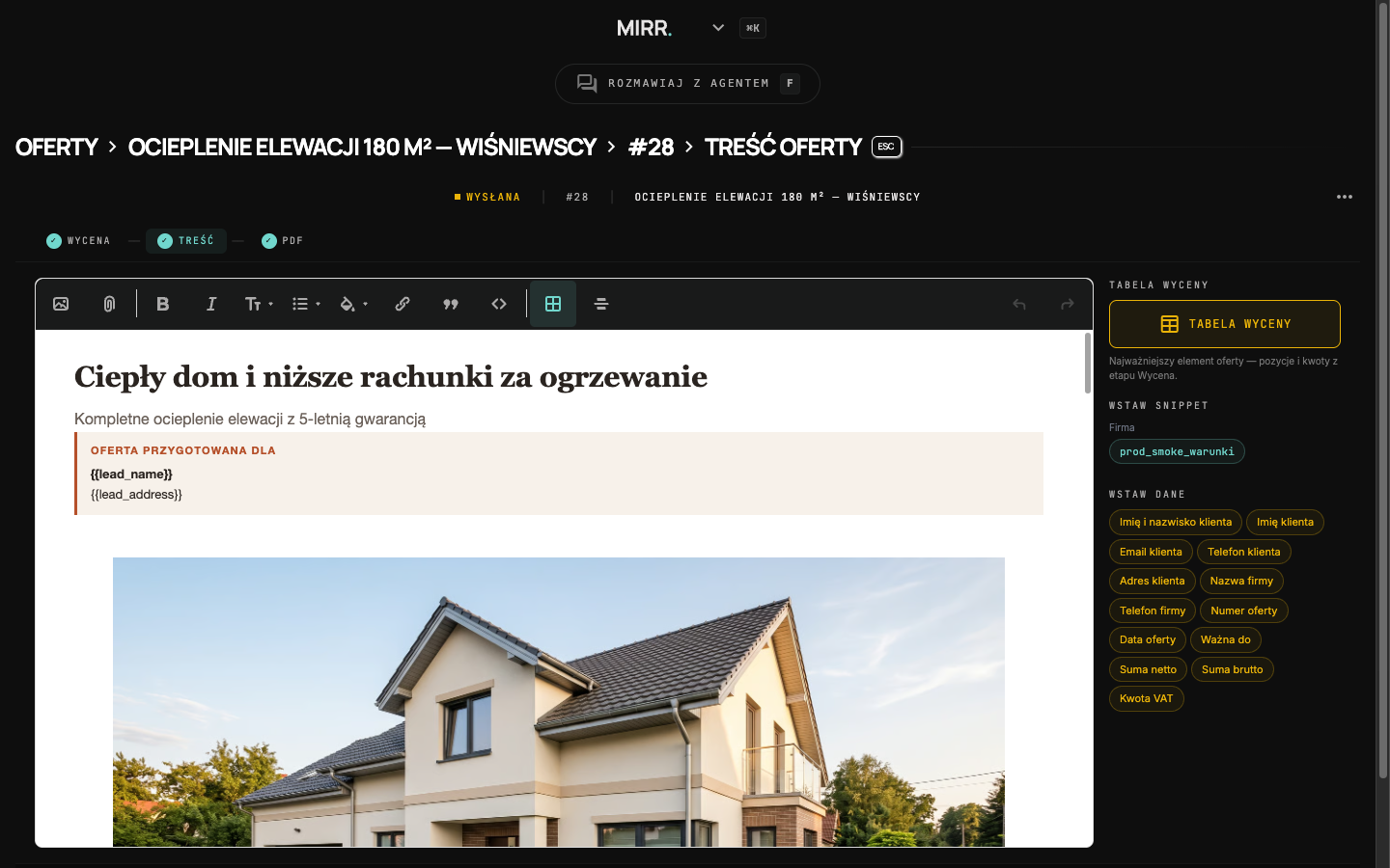 Edytor treści oferty na kartce A4 ze wstawianymi danymi klienta