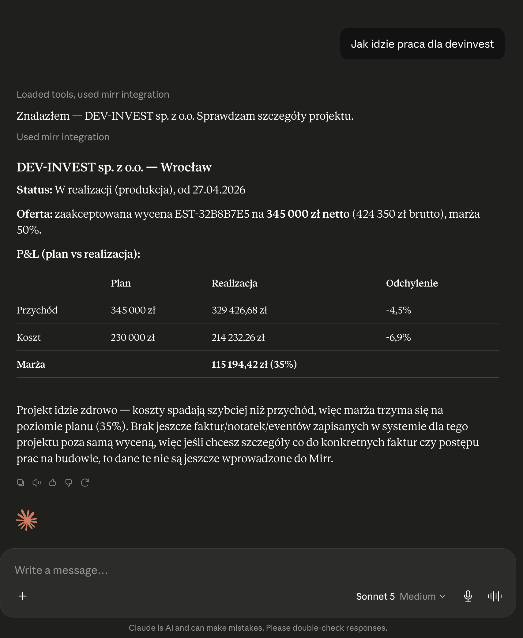 Claude odpowiada na pytanie o projekt danymi z Mirr: status, oferta, plan i realizacja