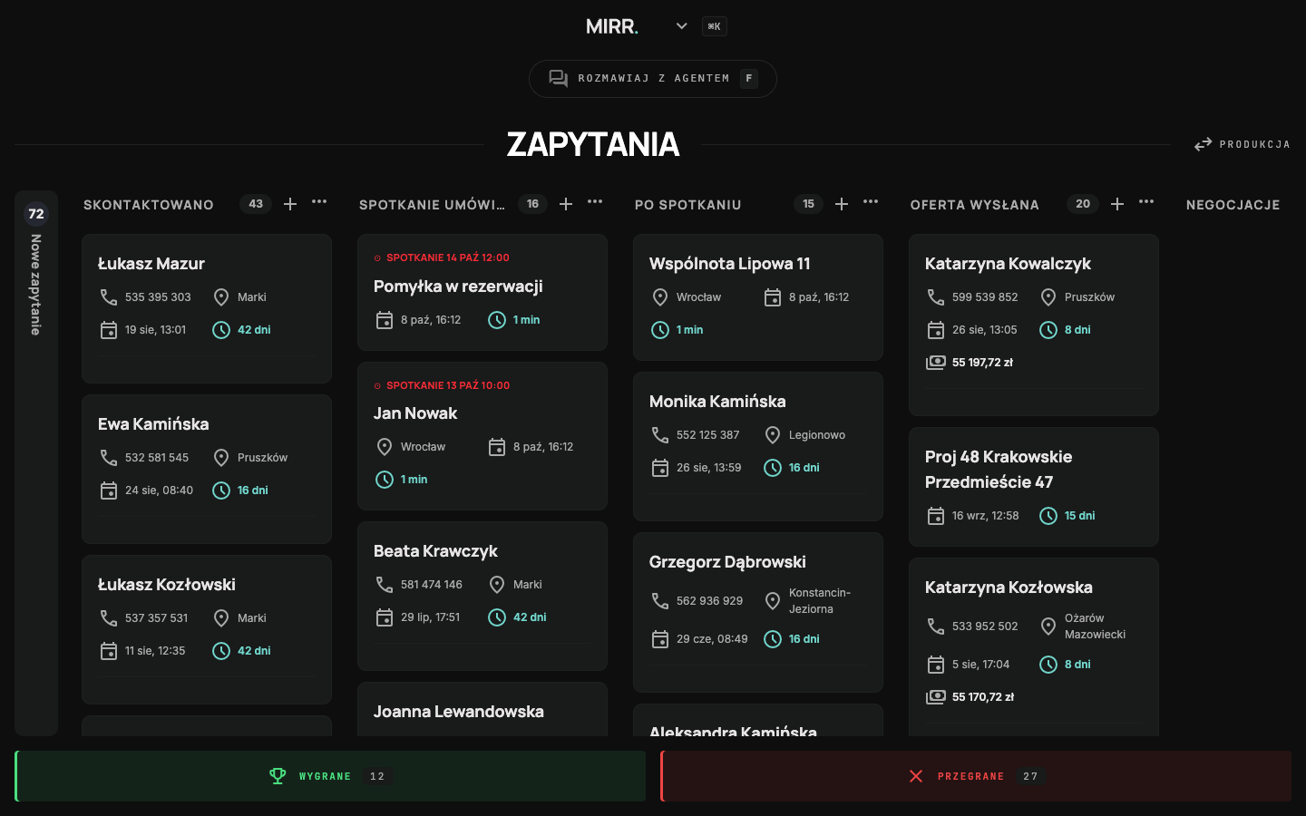 Tablica Zapytania w Mirr: w kolumnie Spotkanie umówione karta Jan Nowak z rezerwacji, w kolumnie Po spotkaniu karta budowy Wspólnota Lipowa 11