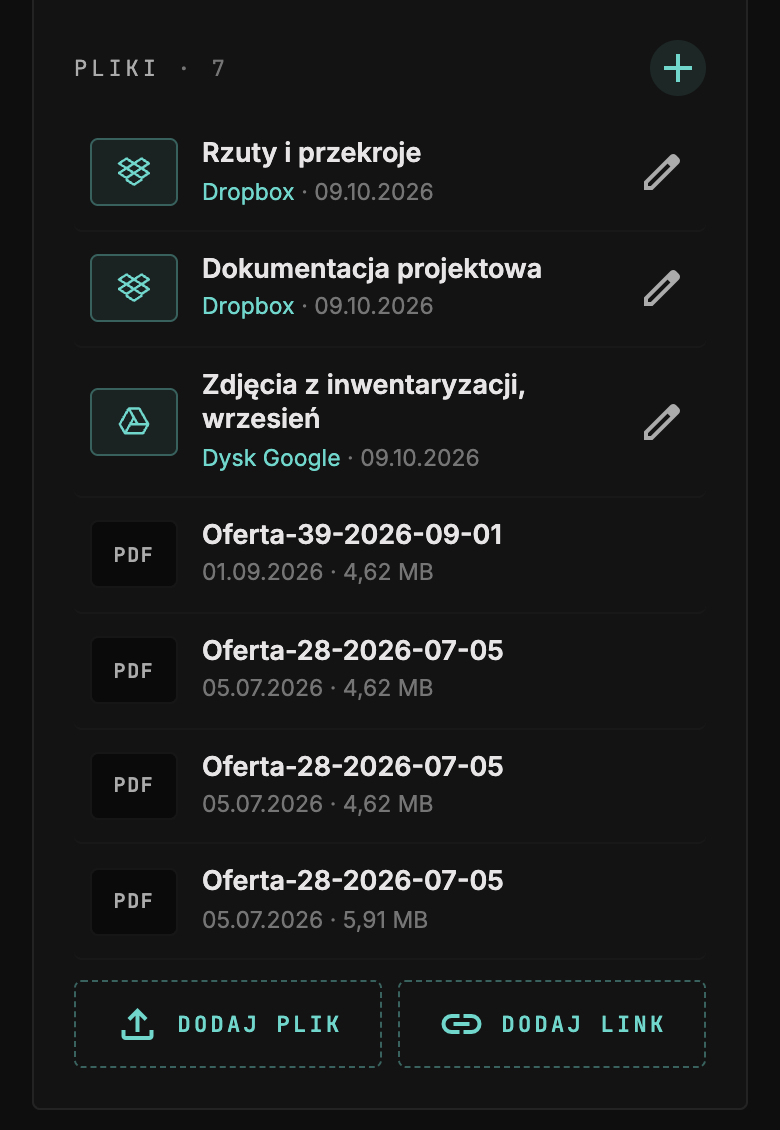 Sekcja Pliki na telefonie: linki z ikonami Dropboxa i Dysku Google, przy każdym ołówek, pod listą Dodaj plik i Dodaj link