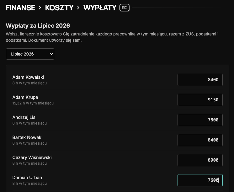 Formularz wypłat: kwoty przy pracownikach z przepracowanymi godzinami, dokument tworzy się sam