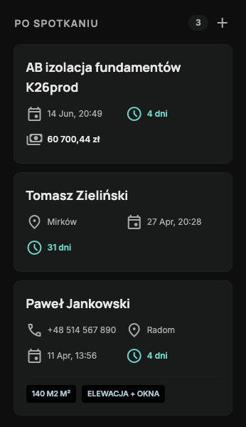 Karty zapytań z licznikiem dni na etapie, wycenami i znacznikami zakresu prac