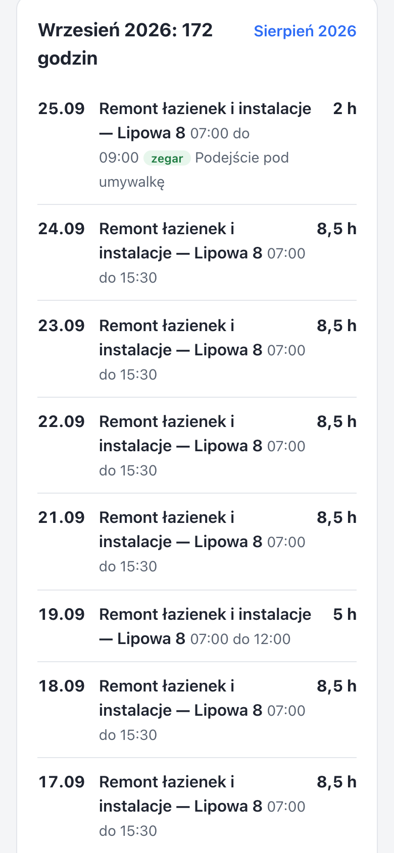 Lista godzin z września z sumą miesiąca: dni, budowy, godziny od do, znaczek zegar przy wpisie z zegara